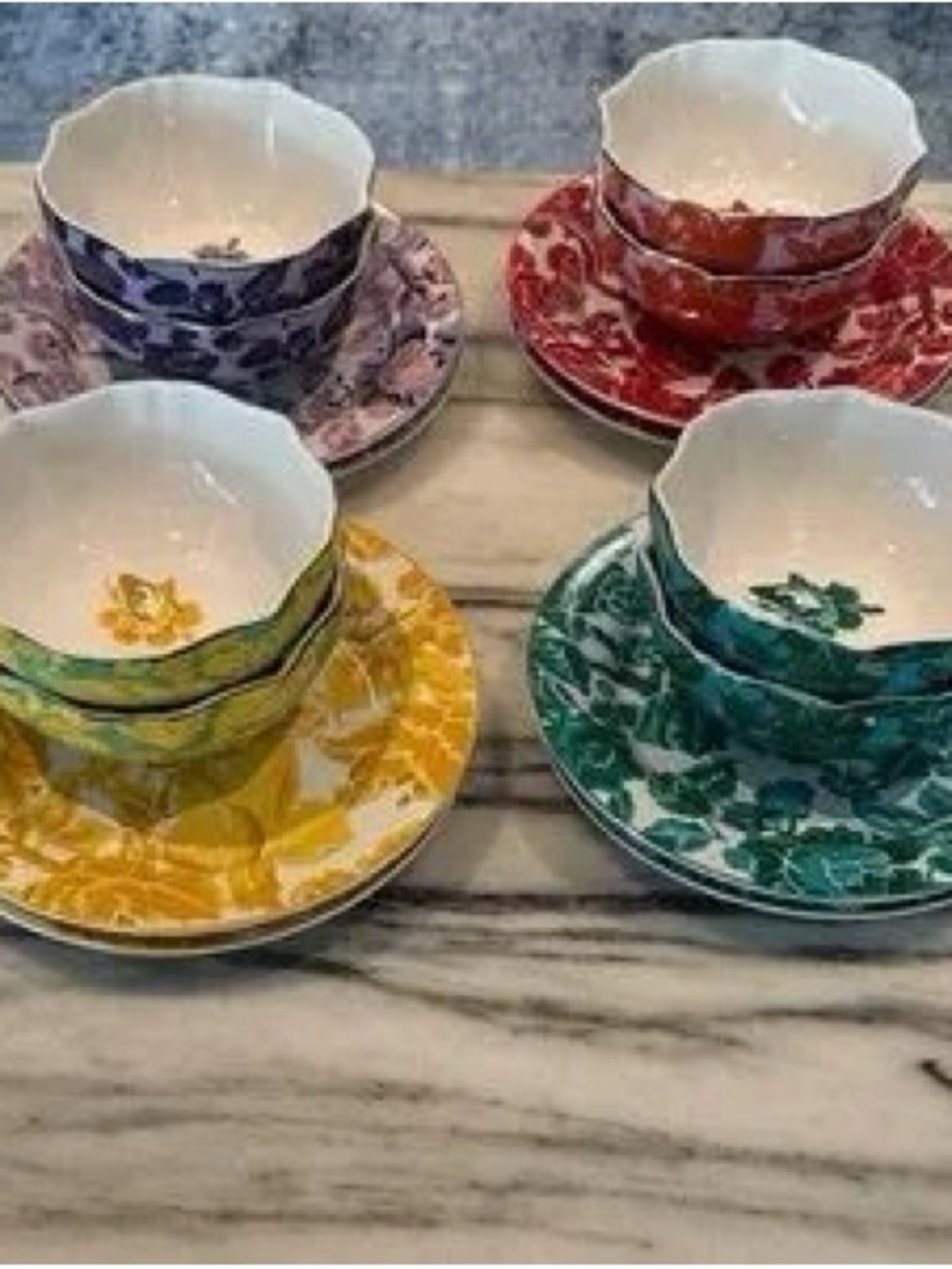 Set of 4 Floral Porcelain Tea Cups & Saucers in Yellow, Green, Red, Purple